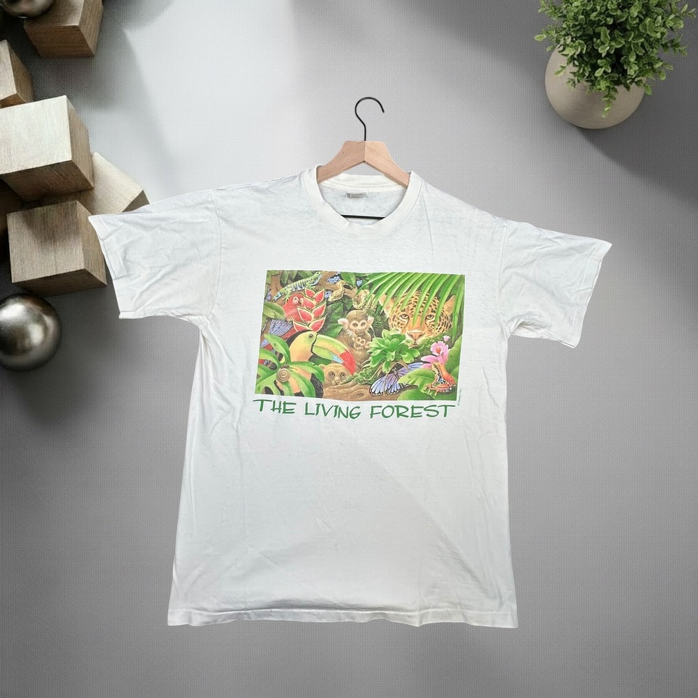 Vintage 90s Human-i-Tees The Living Forest T-Shirt White Large Single Stitch Y2K